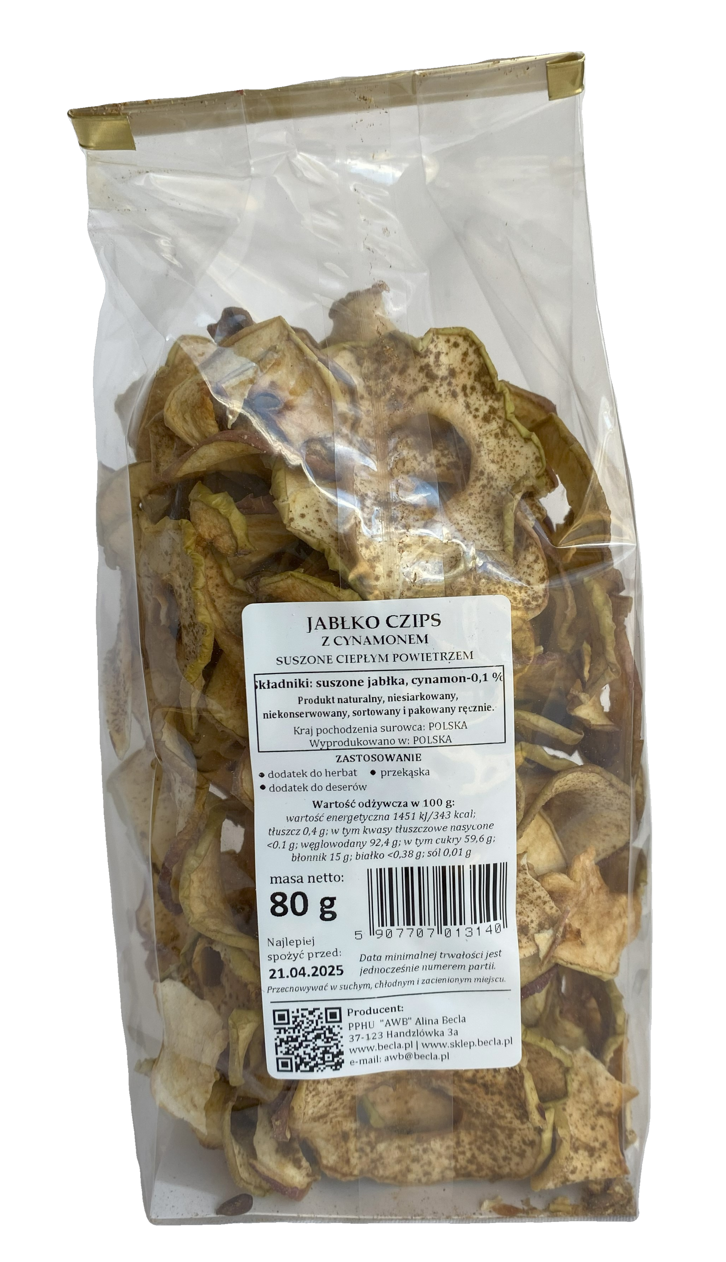 Chipsy jabłkowe z cynamonem 80 g. (2,82 uncji)