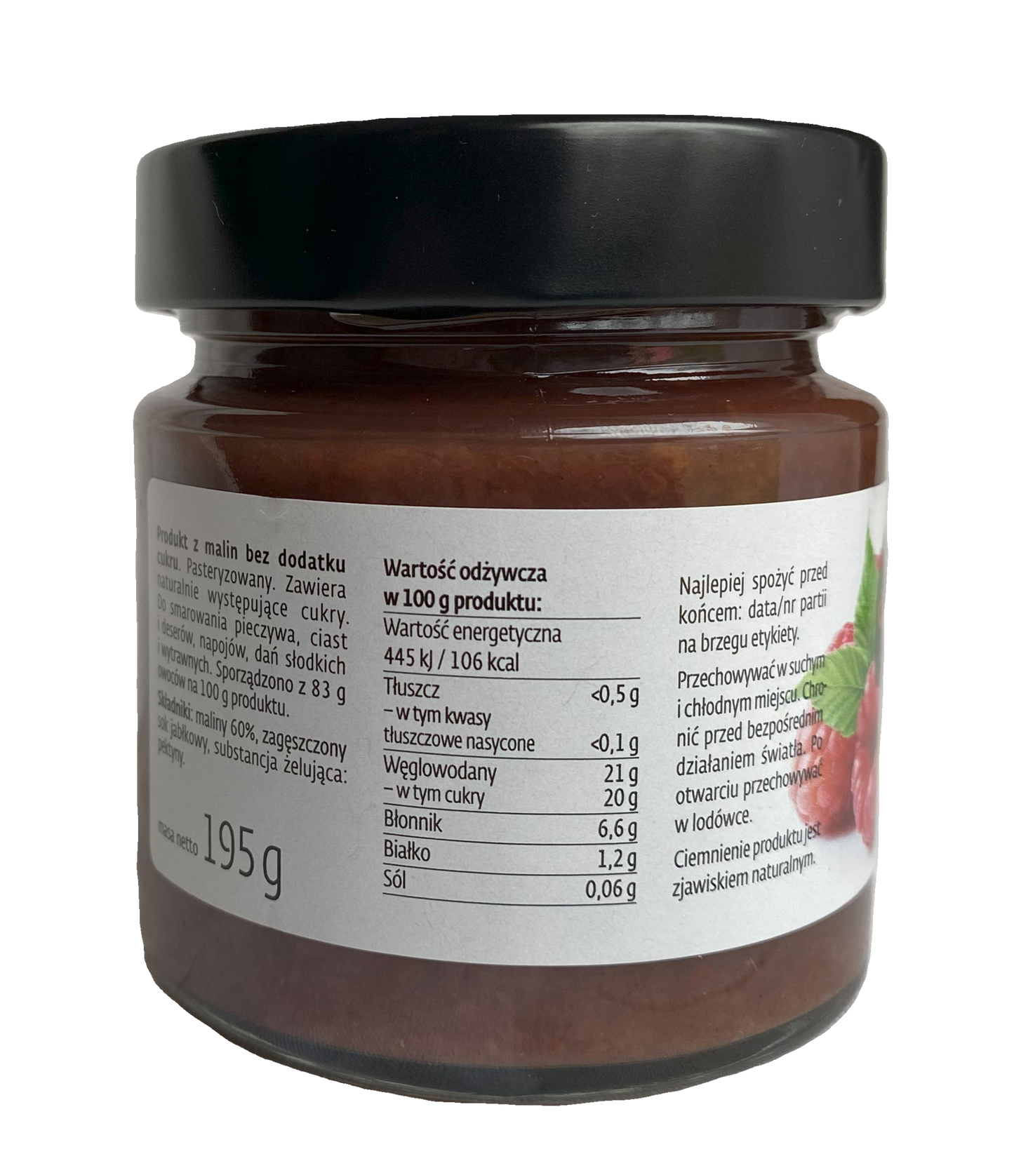 Raspberry Spread. No Sugar Added. 195 g (6.9 oz) No preservatives