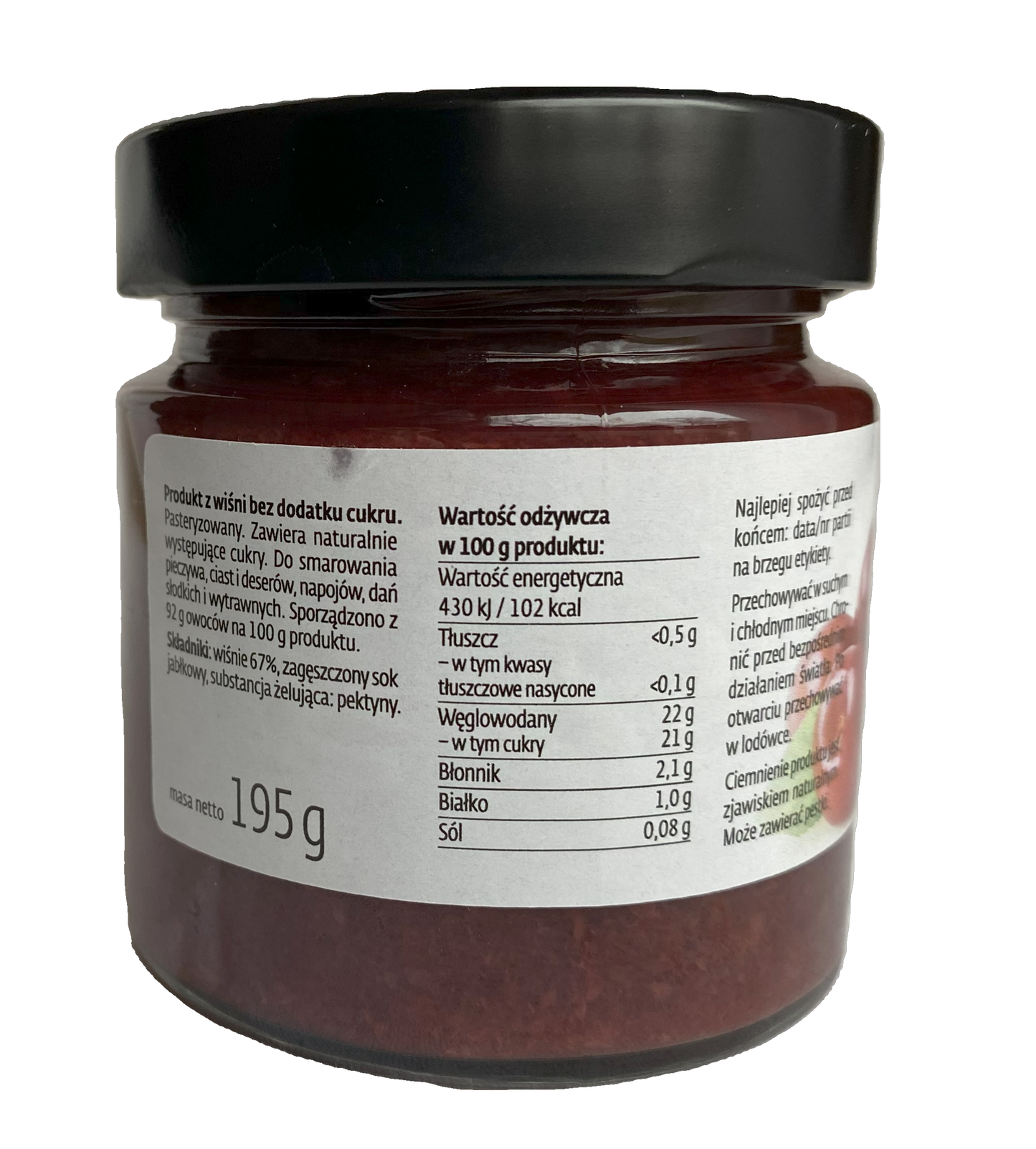 Tart Cherry Spread, No Sugar Added 195 g (6.9 oz) NO preservatives
