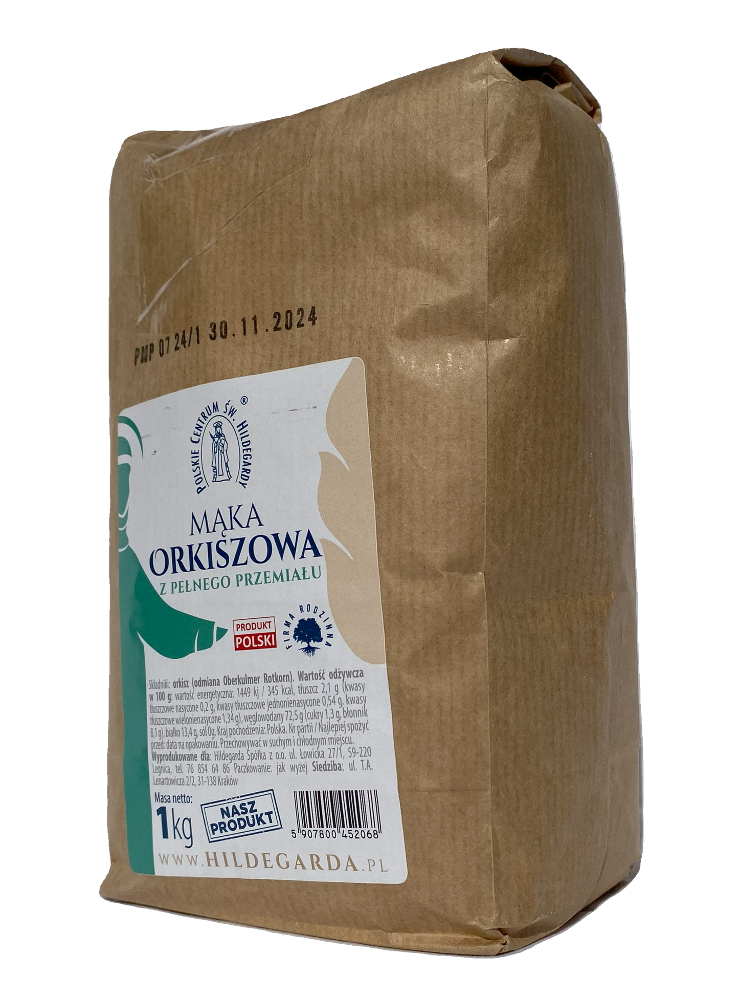 Mąka orkiszowa pełnoziarnista "Hildegarda" 1 kg (2,2 funta)