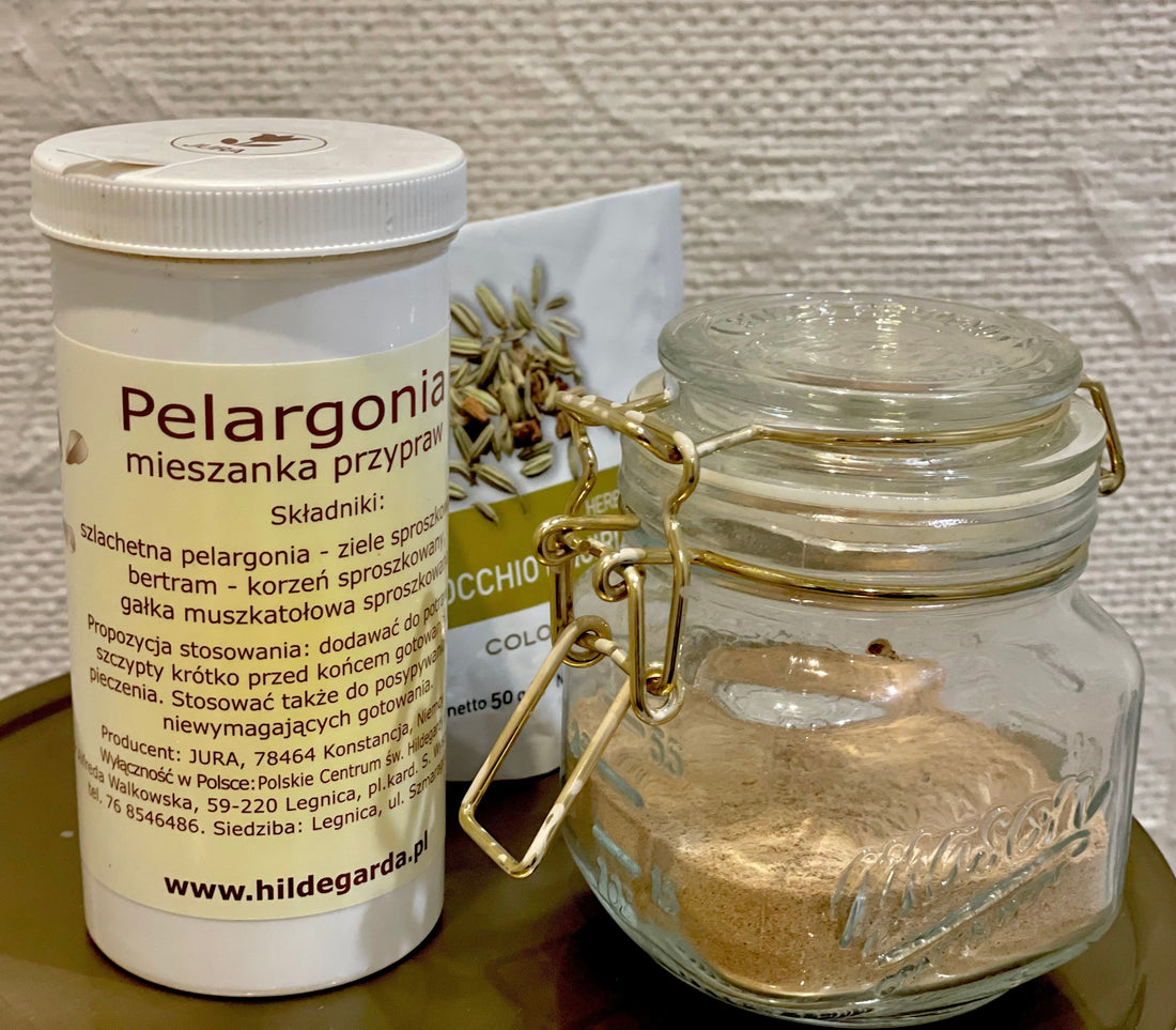 Hildegardian travel kit with Galangal, Bertram, Diptam (all mixed in the little jar), Geranium Mix, and fennel tea.