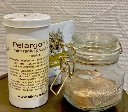 Hildegardian travel kit with Galangal, Bertram, Diptam (all mixed in the little jar), Geranium Mix, and fennel tea.